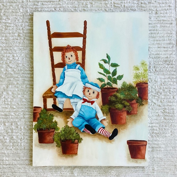 Vintage Raggedy Ann and Andy Large Oil Painting Canvas Initials On Back 18x24” - Picture 1 of 13